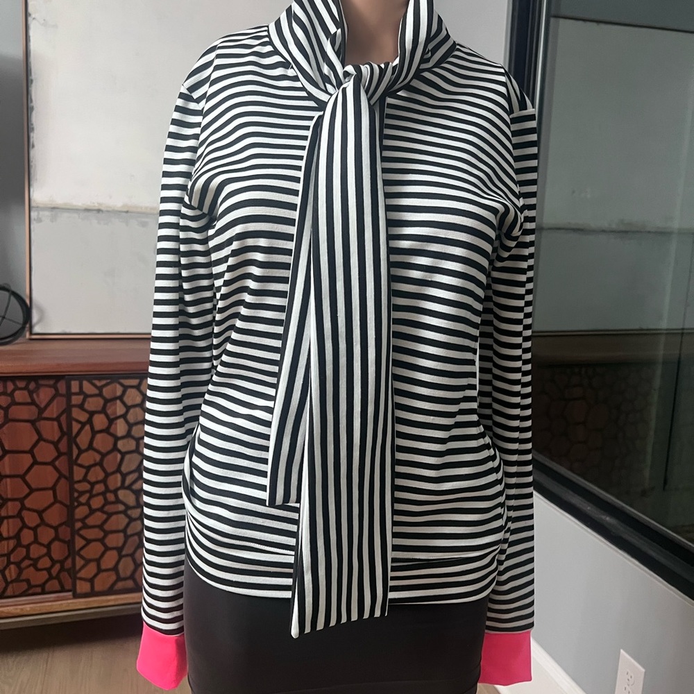 Striped Black and White Sweater with Pink Cuffs